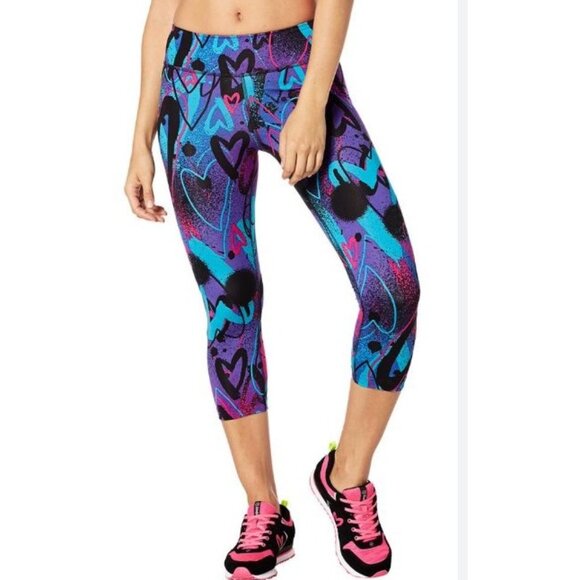 Zumba Love Perfect Capri Leggings Womens XS Purple Blue Hearts Athletic Workout - Picture 1 of 9